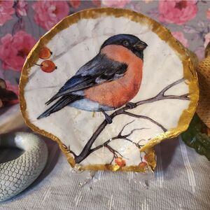 DECOUPAGE ROBIN ON A SCALLOPED SHELL